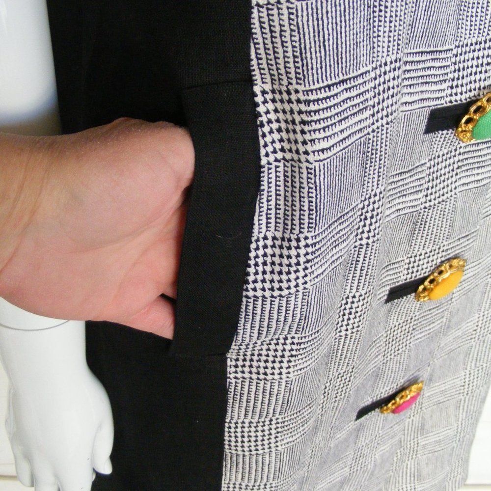 RICKIE FREEMAN/Teri Jon Dress, L, Houndstooth, Colorful Buttons,Black/Gray plaid - Picture 6 of 11